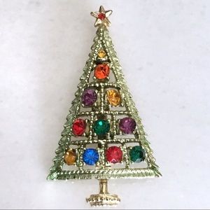 Vintage B.J. Christmas Tree Rhinestone Brooch Pin